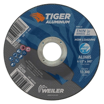 Weiler 58205 Aluminum Cutting Wheel, 4.5 in Diameter, 7/8 in Arbor, Type 27, 60 Grit, AO