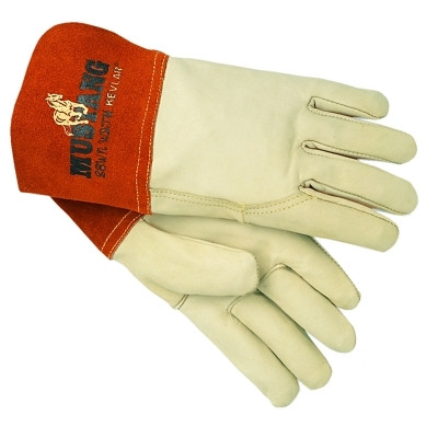 MCR Safety 4950L Mustang Premium Top Grain Cowskin Leather Welding Work Gloves, Large, Beige/Russet, Gauntlet Cuff