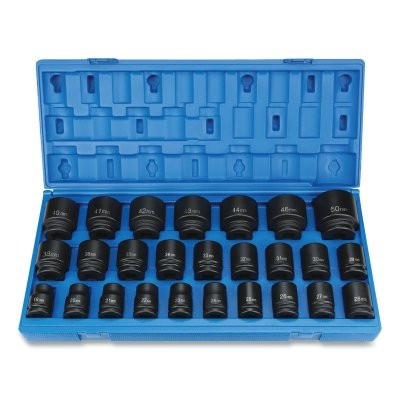 Grey Pneumatic 8026M Impact Socket Set, 3/4 in Dr, Metric, 6-point, 19 mm to 50 mm, 26-Pc STD Length