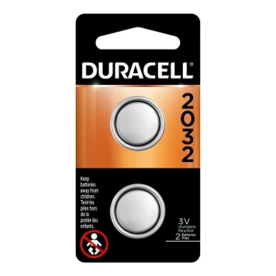 Duracell DURDL2032B2PK Lithium Battery, Coin Cell, 3V, 2032, 2/PK
