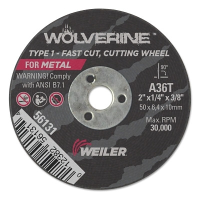 Weiler 56131 Wolverine Snagging Wheel, A36T, 2 in dia, 1/4 in Thick, 3/8 in AH, 36 Grit, Type 1