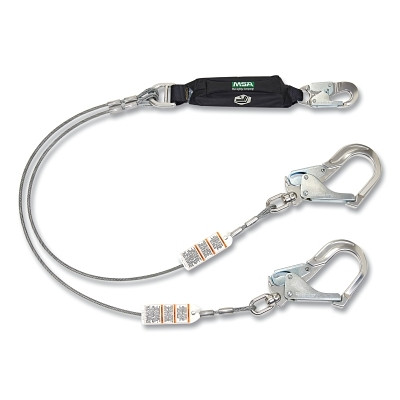 MSA 10213786 V-SERIES Leading Edge Safety Lanyard, 12 ft, Twin, Large with Swivel/Small Snaphooks, Cable, Fixed, 310 lb