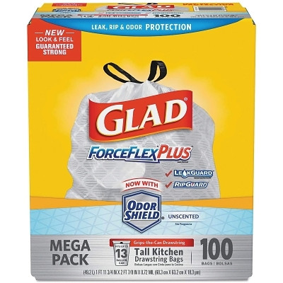 Glad CLO70427 ForceFlex Tall Kitchen Drawstring Trash Bags, 13 gal, 0.72 mil, 23.75 in W x 24.88 in H, White, Odor Shield