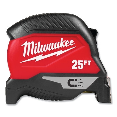 Milwaukee Tool 48-22-1025M Magnetic Tape Measure, 25 ft, SAE, Double-Sided Printing, Steel Blade, Red/Black