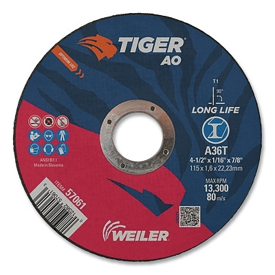 Weiler 57061 Tiger AO Cutting Wheel, 4-1/2 in dia x 1/16 in Thick, 7/8 in Arbor, A36T, Type 1