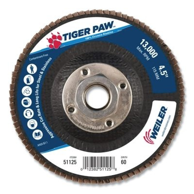 Weiler 51125 Tiger Paw TY29 Coated Abrasive Flap Disc, 4-1/2 in dia, 60 Grit, 5/8 in-11, 13000 rpm