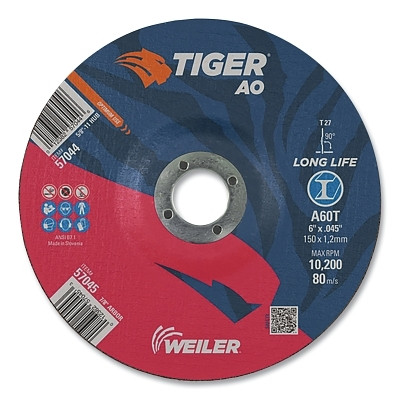 Weiler 57045 Tiger AO Cutting Wheel, 6 in dia x 0.045 in Thick, 7/8 in Arbor, A60T, Type 27