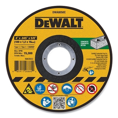 DeWalt DWA8050C Cutting Wheel, Type 1, 4 in dia x 0.045 in Thick x 5/8 in Arbor, Aluminum Oxide, Concrete Cutting