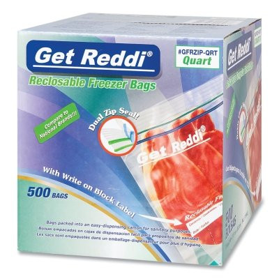Get Reddi GFRZIP-QRT Double Zipper Reclosable Bags, 7 in x 8 in, 1.75 mil, Quart, Freezer