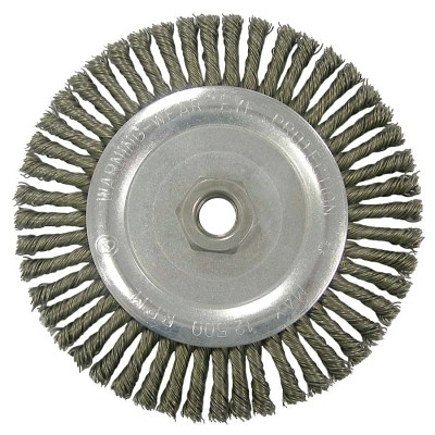 Weiler 36297 Wolverine Knot Wire Wheel, Stringer Bead Twist, 7 in dia x 3/16 in W Face, 5/8 in-11 UNC, 0.020 in Steel Wire, 9000 RPM
