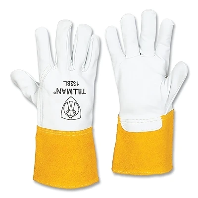 Tillman 1328S TIG Welding Gloves, 1328, Top Gr Goatskin Palm/BOH/Split Cowhide Cuff, Sm, Pearl/Bourbon Brn, 4 in L Straight Cuff