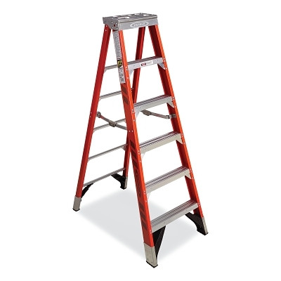 Werner 7406 Fiberglass Stepladder, 7406, Type IAA, 6 ft L, 25 in W, Single-Sided, 375 lb Load Capacity, Orange/Black