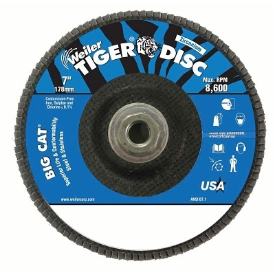 Weiler 50843 Tiger Big Cat High Density Flap Disc, 7 in dia, 40 Grit, 5/8 in-11, 8600 RPM, Type 27
