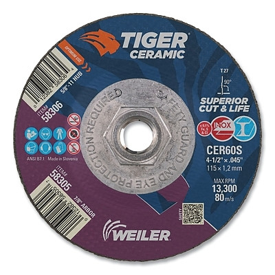 Weiler 58306 Tiger Ceramic Cutting Wheel, 4.5 in Diameter., 0.045 in Thick, 60 Grit, Ceramic Alumina