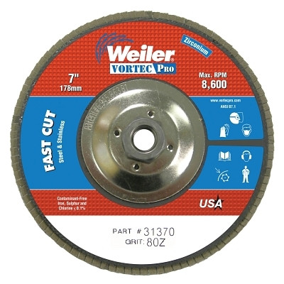 Weiler 31370 Wolverine Abrasive Flap Disc, 7 in dia x 5/8 in-11 Arbor UNC, 80 Grit, 8600 RPM, Phenolic