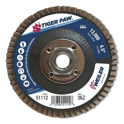 Weiler 51112 Tiger Paw Coated Abrasive Flap Discs, 4 1/2", 36 Grit, 5/8 Arbor, Phenolic Back