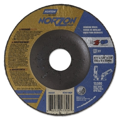 Norton 66252843324 Type 27 NorZon Plus Depressed Center Wheel, 4 1/2" Dia, 1/8" Thick, 7/8" Arbor