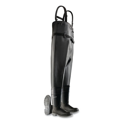 Dunlop Protective Footwear 8606700.09 Chest Waders, Steel Toe, Men's 9, 16 in Boot, 53 in Overall L, PVC, Nylon Suspenders, Black/Gray