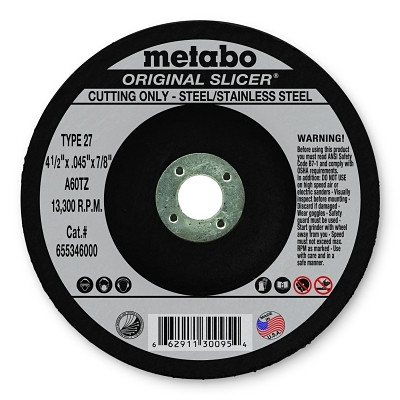 Metabo 655346000 Original Slicer Cutting Wheel, 4-1/2 in dia, 0.045 in Thick, 7/8 in Arbor, 60 Grit, AO