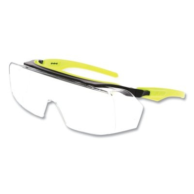 MCR Safety OG220DC Klondike OTG Series, Polycarbonate Clear Lens/Black Frame, Hi-Viz Lime Temple, MAX36 Dual Coating