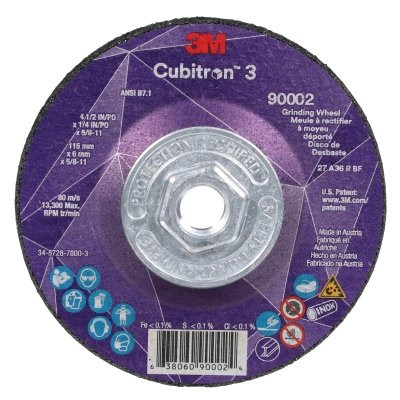 3M 7100312968 Cubitron 3 Depressed Center Grinding Wheel, 4-1/2 in dia x 1/4 in Thick x 5/8 in-11 Arbor, 36+ Grit, T27