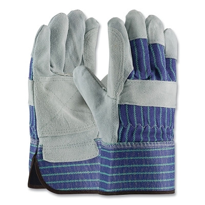 PIP 82-7763/M Superior Grade Split Cowhide Leather Double Palm Gloves, Medium, Blue/Gray
