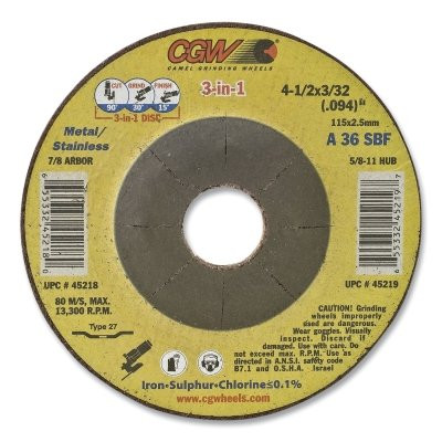 CGW Abrasives 45219 3-in-1 Cut/Grind/Finish Wheel, 4-1/2 in dia, 3/32 in Thick, 36 Grit, 13300 RPM