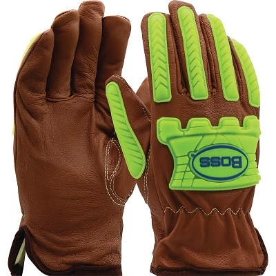 Boss by PIP KS993KOAB/XL Boss Xtreme AR Top Grain Goatskin Leather Drivers Gloves, Oil Armor Finish/TPR Impact, X-Large, Brown/Hi-Vis Lime