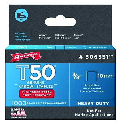 Arrow Fastener 506SS1 T50 Type Staples, 3/8 in L x 3/8 in W
