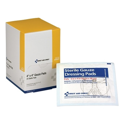 First Aid Only 90718 Sterile Gauze Pad, 4 in x 4 in, Gauze, 20/Box
