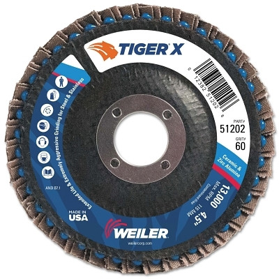 Weiler 51202 Tiger X Flap Disc, 4-1/2 in Angled, 60 Grit, 7/8 in Arbor
