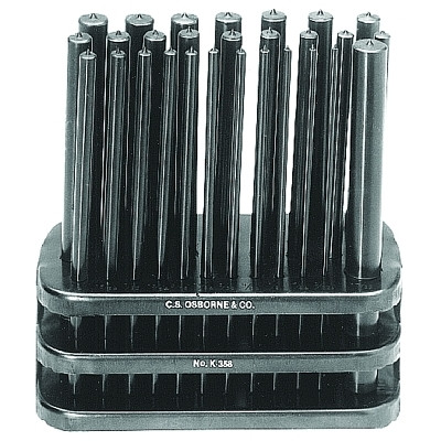 C.S. Osborne K-358 Transfer Punch Set 28-Piece Round English 3/32 In to 19/64 In with Rack