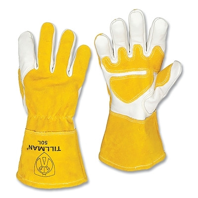 Tillman 50S MIG Welding Gloves, 50, Cowhide w/Split CH Palm/Split CH BOH/Cuff, Sm, Bourbon Brn/Pearl, 4 in Shirred Cuff