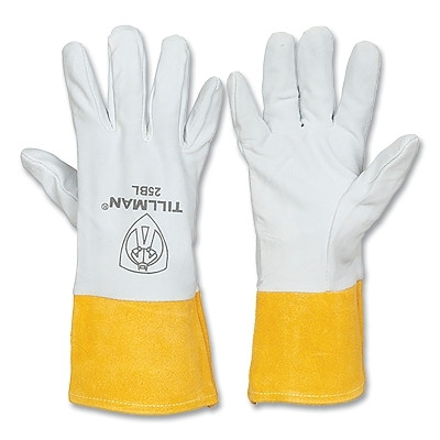 Tillman 25BXL TIG Welding Gloves, 25B, Split Deerskin Palm/BOH/Split Cowhide Cuff, XL, Pearl/Bourbon Brn, 4 in L Straight Cuff