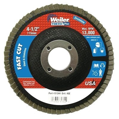 Weiler 31344 Wolverine Abrasive Flap Disc, 4-1/2 in dia x 7/8 in Arbor, 40 Grit, 13000 RPM, Type 29