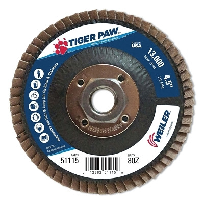 Weiler 51115 Tiger Paw Coated Abrasive Flap Disc, 4-1/2 in, 80 Grit, 5/8in-11, Phenolic Back Type 27