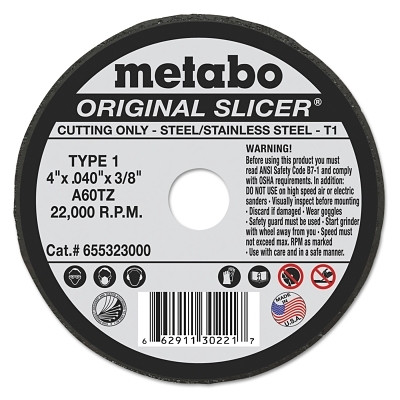 Metabo 655323000 Original Slicer Cutting Wheel, 4 in dia, .04 in Thick, A 60 TZ Grit, Alum. Oxide