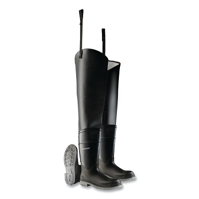 Dunlop Protective Footwear 8605500.08 Hip Waders, Plain Toe, Steel Shank, Men's 8, 32 in Inseam, Polyblend/PVC, Black