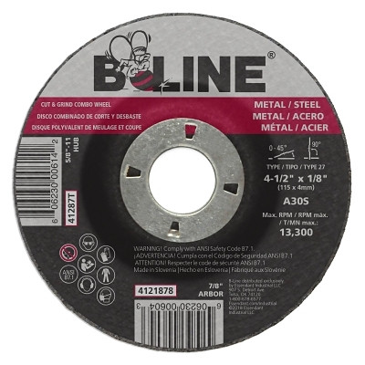 B-Line Abrasives 90902 Depressed Center Combo Wheel, 4-1/2 in dia, 1/8 in Thick, 7/8 in Arbor, 30 Grit, Aluminum Oxide