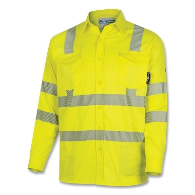 OBERON ZFI506-L FR/Arc-Rated Safety Shirt, ZFI506, Long-Sleeve Collared w/Refl Stripes, Button-Up, 88 Cotton/12 HT Nylon, Lg, Hi-Vis YW/Sil