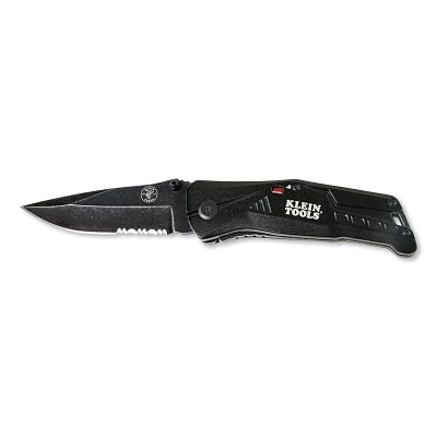 Klein Tools 44223 Spring-Assisted Open Pocket Knife, 8.1 in L, Half-Serrated Drop Point Blade, Stainless Steel, Anodized Aluminum Handle, Black