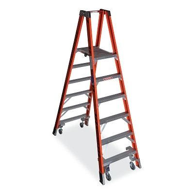 Werner PT7406-4C Platform Ladder, PT7406-4C, Twin Platform, Type IA, 6 ft L, 12 ft Reach, 300 lb Load Capacity, w/Casters, Fiberglass, Orange