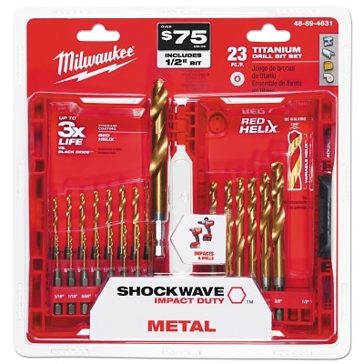Milwaukee Tool 48894631 SHOCKWAVE RED HELIX Titanium Drill Bit Set, 23 Pc, 1/16 in to 3/8 in Cut Diameter