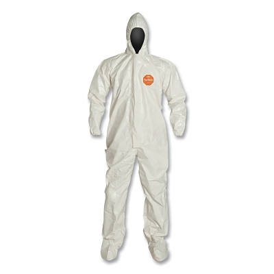 DuPont Tychem SL122T-2X Tychem 4000 Coverall, Attached Hood and Sock, Elastic Wrists, Zipper, Storm Flap, White, 2X-Large
