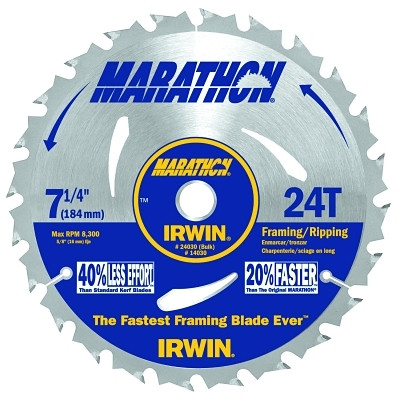 Irwin 24030 Marathon Portable Corded Circular Saw Blade, 7-1/4 in dia, 24 Teeth, Bulk