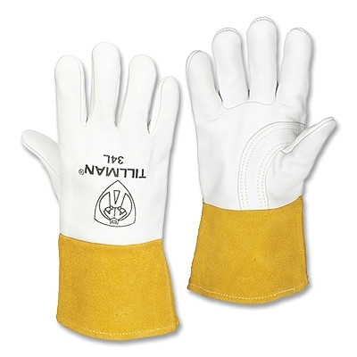 Tillman 34L MIG Welding Gloves, 34, Top Gr Cowhide Palm/BOH/Split CH Cuff, Lg, Pearl/Bourbon Brn, 4 in Str Cuff