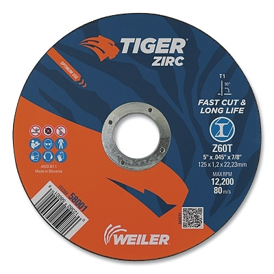 Weiler 58001 Tiger Zirc Cutting Wheel, 5 in dia, 0.045 in Thick, 7/8 in Arbor, Zirconia Alumina, Type 1, Z60T
