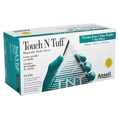 TouchNTuff 105078 Nitrile Powder-Free Disposable Gloves, Smooth, 5.5 mil Finger/4.9 mil Palm, Medium, Green