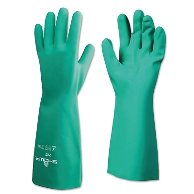 SHOWA 72707 Chemical-Protection Nitrile Gloves, 13 in Gauntlet Cuff, Unlined/Unsupported, Size 7/Small, Green, 15 mil Thick