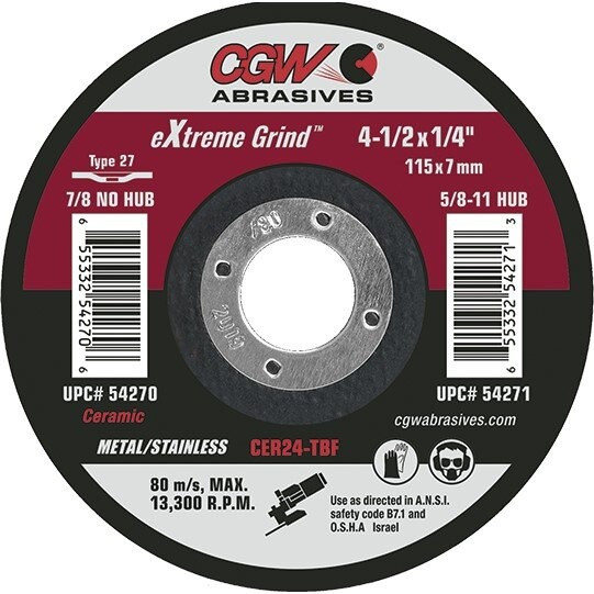 Grinding Wheels, Ceramic, T27, CER24-TBF, 4-1/2 x 1/4 x 7/8, 25/BX